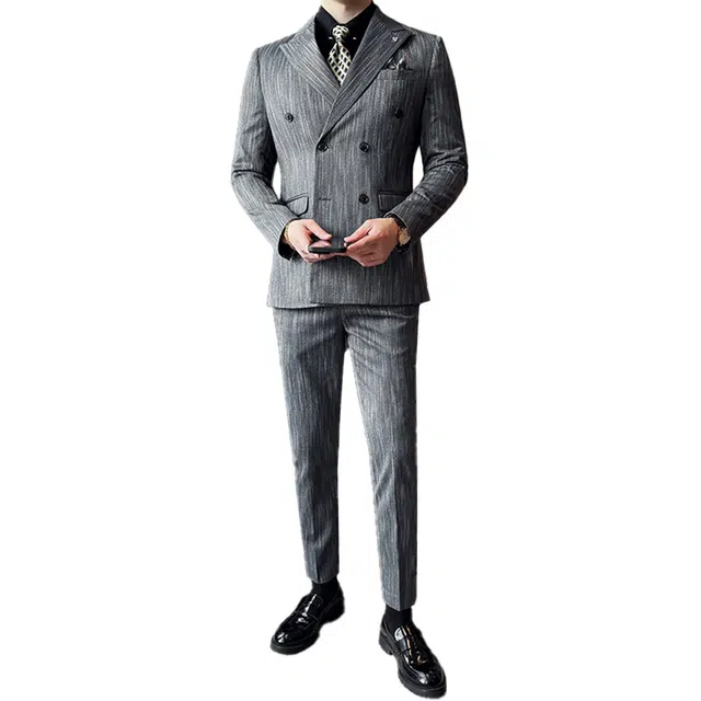 艾梵斯贝 高端轻奢流星雨条纹简约韩版轻熟老钱双排扣高级感修身休闲商务正装婚服礼服气质高品质职场约会绅士西装套装 男款