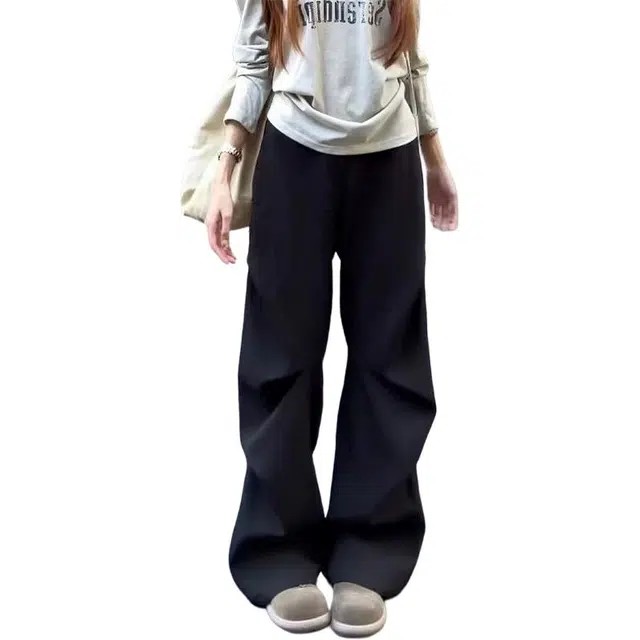 唐启 黑色褶皱微喇西裤秋季高级感垂坠感直筒弯刀裤子宽松阔腿西装裤 男女同款