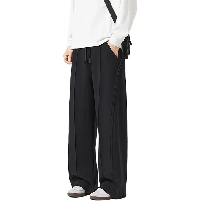 希越 秋季拼接垂感复古卫裤宽松直筒阔腿纯色简约百搭针织休闲裤 男款