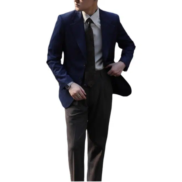 大格子与黑猫 英伦复古文艺宽驳头牛仔色雅痞绅士西服意式婚纱照修身外套 西装 男款