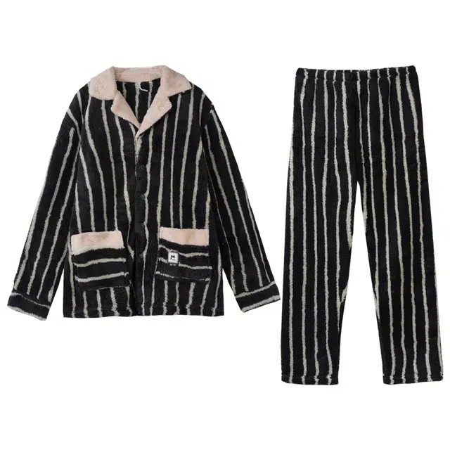 多拉美 珊瑚绒情侣款条纹开衫套装秋冬加绒保暖外穿翻领家居服睡衣 男款