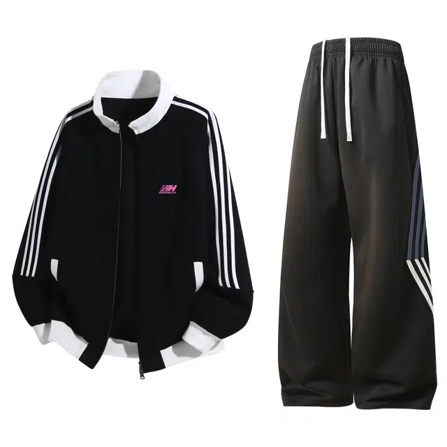 吾皇猫 学院风美式复古基础款舒适透气简约百搭高街时尚拼色学生党潮流潮牌长袖开衫卫衣外套直筒长裤休闲运动套装 男女同款