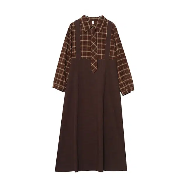 惟友 复古格纹假两件长袖连衣裙 女款