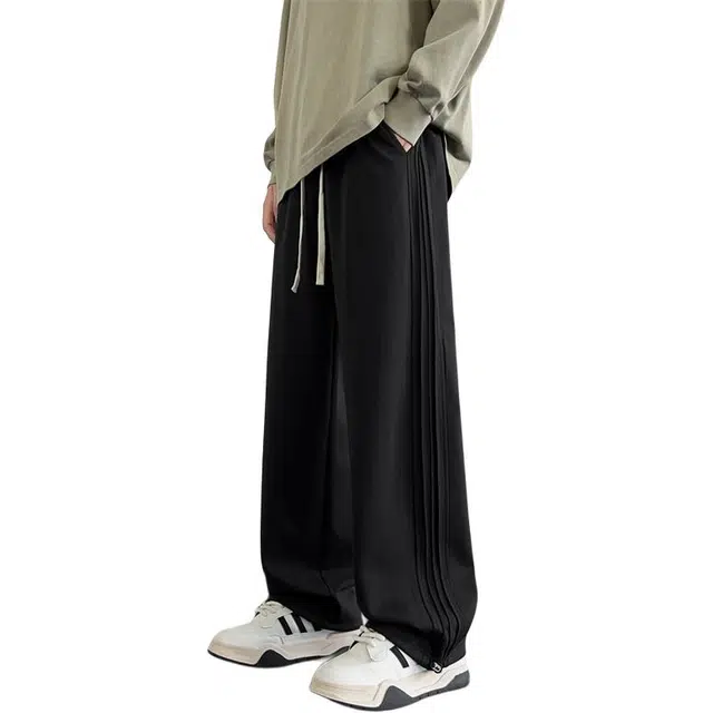 顶峰保罗 美式条纹抽绳设计宽松直筒运动长裤无性别主义潮流百搭纯色高级感阔腿束脚休闲裤 男女同款