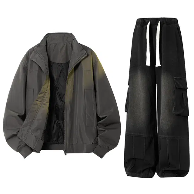 梓润格 美式高街复古感潮流纯色简约时尚高级感宽松拉加绒外套日常百搭无性别主性多口袋直筒设计水洗工装长裤休闲运动套装 男女同款