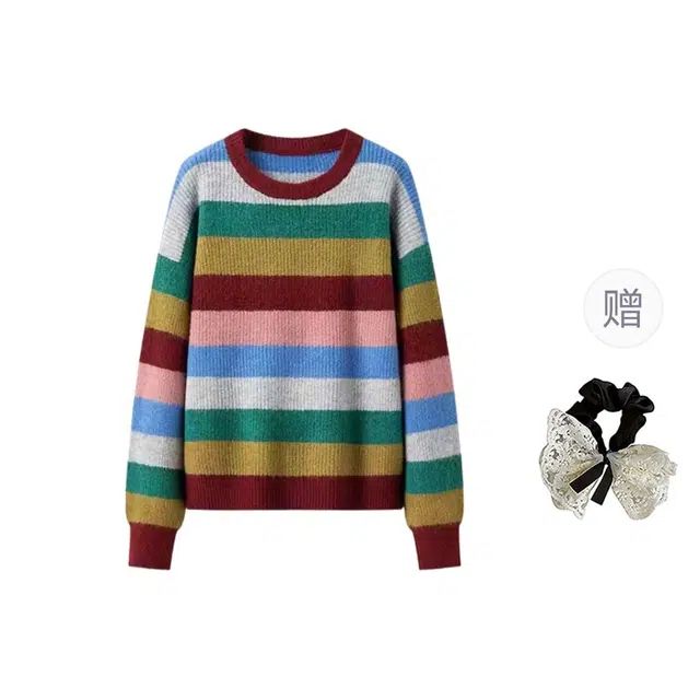 涂诗菲 法式甜美慵懒风时尚百搭休闲小众宽松设计感舒适撞色条纹针织衫 男女同款