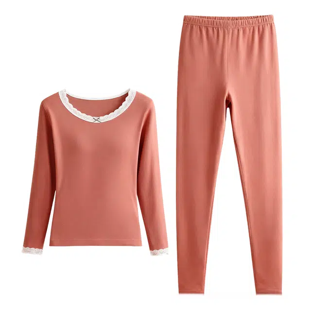 兰缪 桑蚕丝发热绵羊毛蕾丝圆领内衣轻薄修身显瘦高弹服帖亲肤柔软秋衣秋裤保暖套装 女款