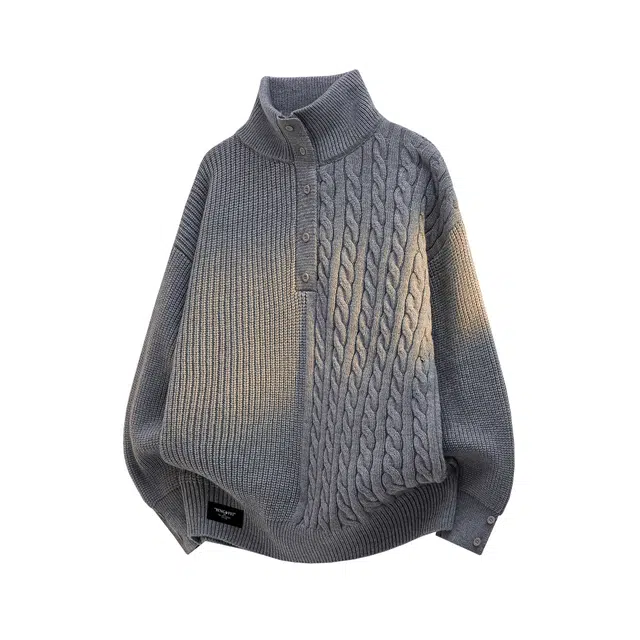 冰飞 美式潮牌老钱风纽扣加厚半高领高品质宽松氛围感懒惰风软糯舒适套头上衣可翻领长袖外套无性别主义中性风毛衣针织衫 男女同款