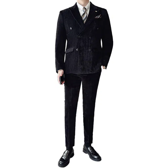 艾梵斯贝 高端轻奢雪尼尔人字纹简约韩版轻熟双排扣高级感修身休闲商务正装婚服礼服气质高品质职场约会绅士西装套装 男款