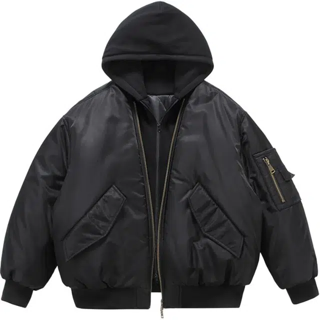 零氏 美式高街简约假两件纯色百搭宽松时尚基础款加厚保暖防寒连帽外套棉服 男女同款