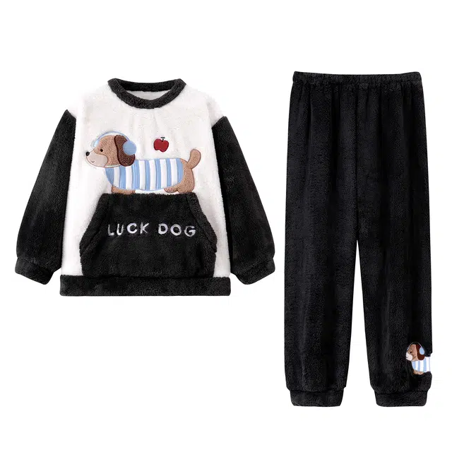 俏霓桐 青少年学生加厚加绒珊瑚绒保暖圆领卡通可外穿家居服睡衣套装 男款