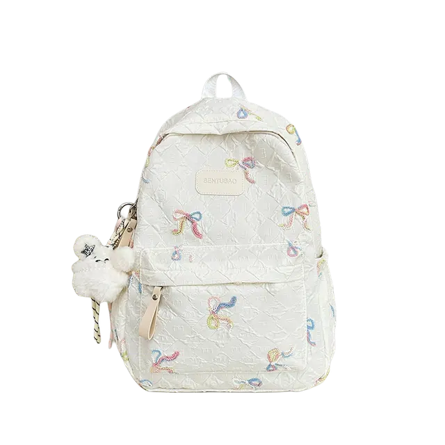 绿野客 蝴蝶结刺绣 小清新可爱 轻便百搭简约高颜值卡通书包女初高中大容量背包 涤纶 双肩包 中号 白色