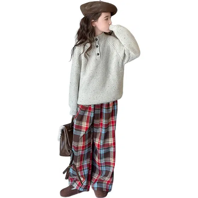 帕兰朵休闲运动套装 女童是时尚潮流百搭舒适保暖毛衣秋冬款儿童针织打底衫格子裤女大童慵懒风宽松显瘦两件套潮 青少年