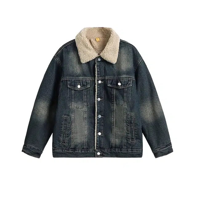 大格子与黑猫 美式复古羊羔绒加绒加厚保暖牛仔外套棉服男冬季潮牌宽松港风夹克 男女同款