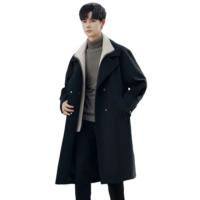 加荣 毛呢中长款英伦风秋季高级感过膝假两件呢子设计休闲百搭大衣 男女同款