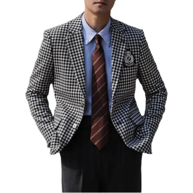 大格子与黑猫 英伦经典千鸟格时尚宴会主持雅痞型男学院风徽章修身西服外套西装 男款