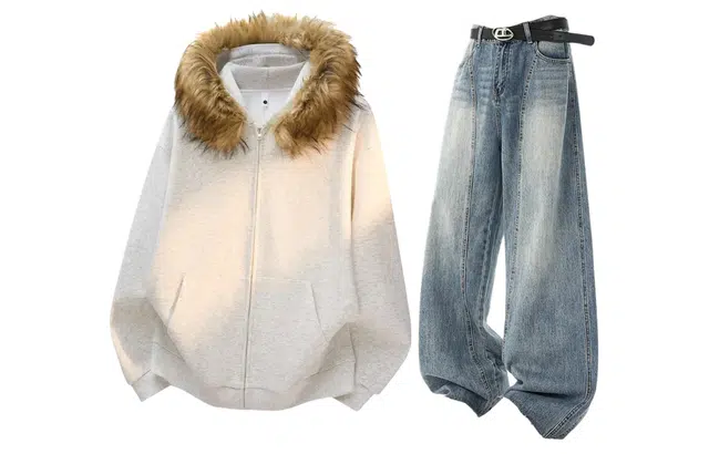 梓润格 美式复古可拆卸毛领夹克外套加绒加厚保暖休闲高级感水洗牛仔长裤弯刀裤卫衣套装 男女同款