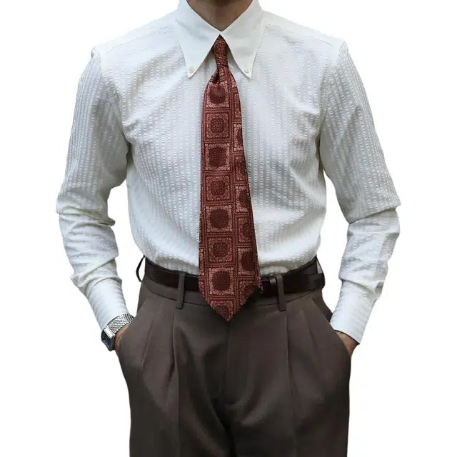 大格子与黑猫 [两色] 意式复古大尖领泡泡纱绅士雅痞商务休闲修身条纹衬衫 男款