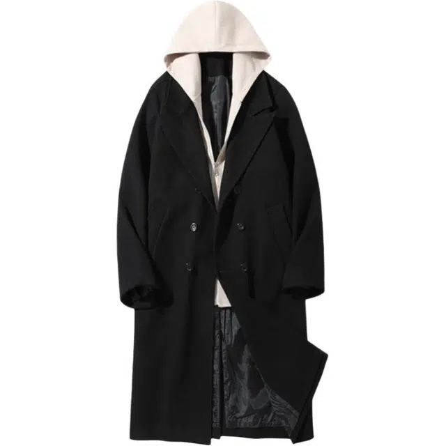 袋鼠 韩系慵懒复古时尚松弛氛围假两件连帽中长款大衣 男女同款