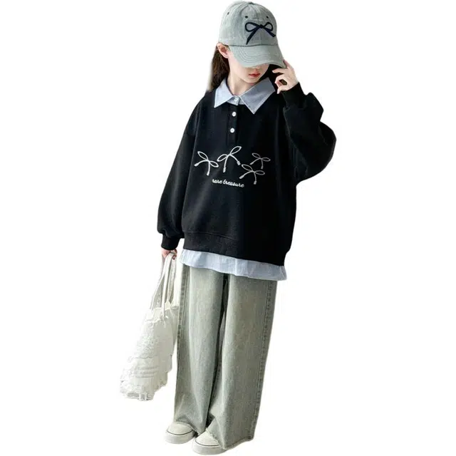 帕兰朵卫衣 女童时尚潮流百搭休闲秋季中大童洋气假两件绣花宽松衬衫领衣服潮 儿童款