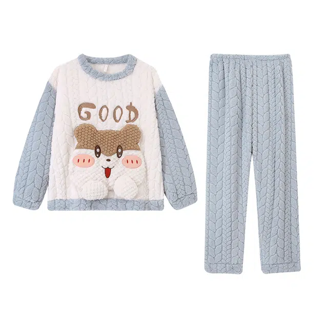 俏霓桐 甜美学生加厚加绒珊瑚绒保暖圆领卡通可外穿家居服睡衣套装 女款