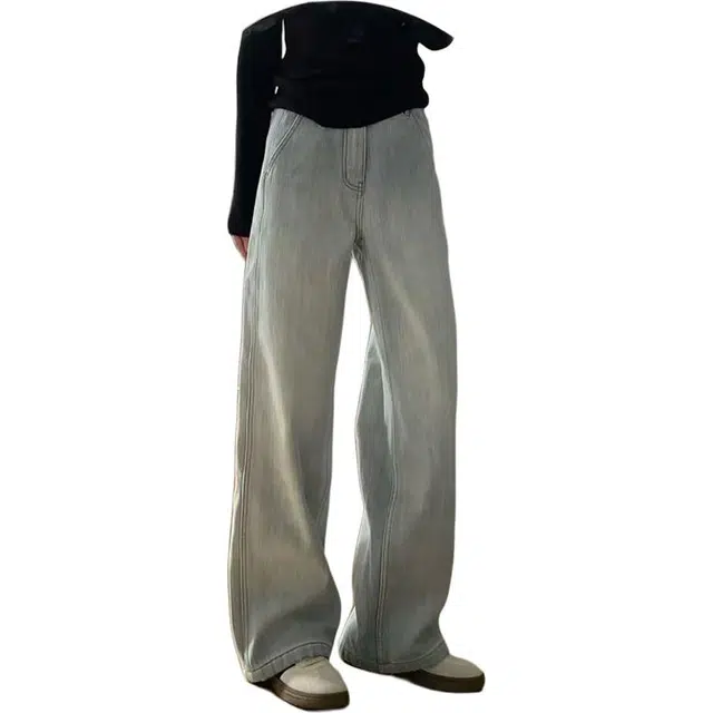 宝米卡 蓝色加绒直筒秋冬高腰阔腿拖地裤牛仔裤 男女同款