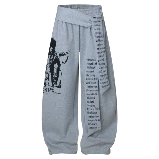 一碗士多 人物字母印花绑带叠穿弯刀阔腿美式街头宽松舒适百搭显高显瘦不挑人日常通勤户外出街拍照嘻哈风格休闲裤 男女同款