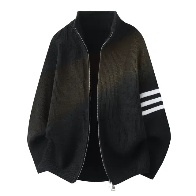 明尼凯 美式复古高街侧边三条杠条纹设计简约小众高级感宽松百搭时尚休闲日常通勤保暖双拉链开衫立领慵懒风外套针织衫 男女同款