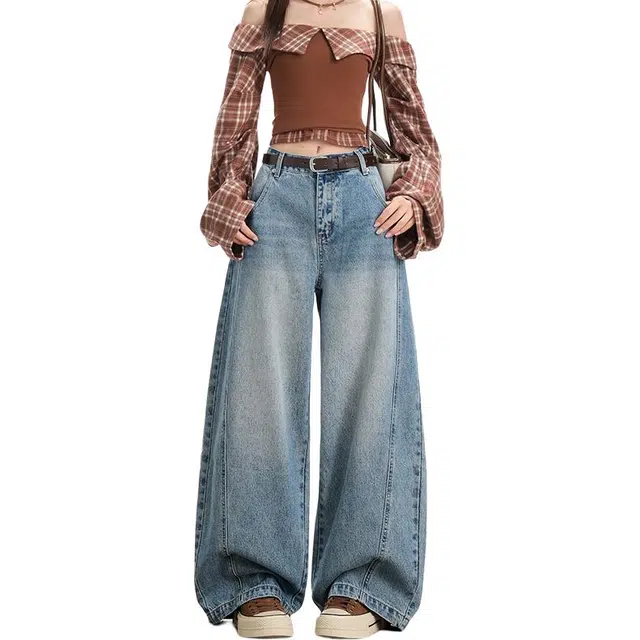 如续 复古水洗弯刀阔腿宽松显瘦休闲拖地牛仔裤 女款