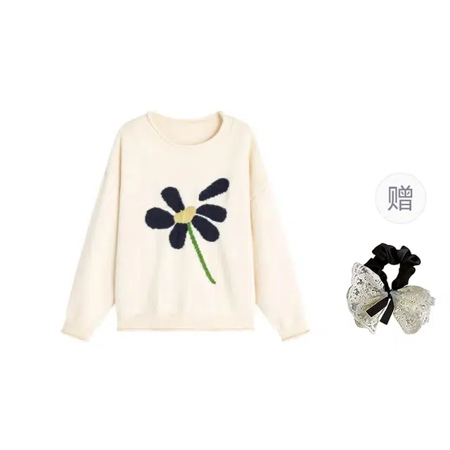 涂诗菲 韩系慵懒风时尚休闲气质通勤百搭舒适设计感宽松显瘦花朵刺绣针织衫 女款