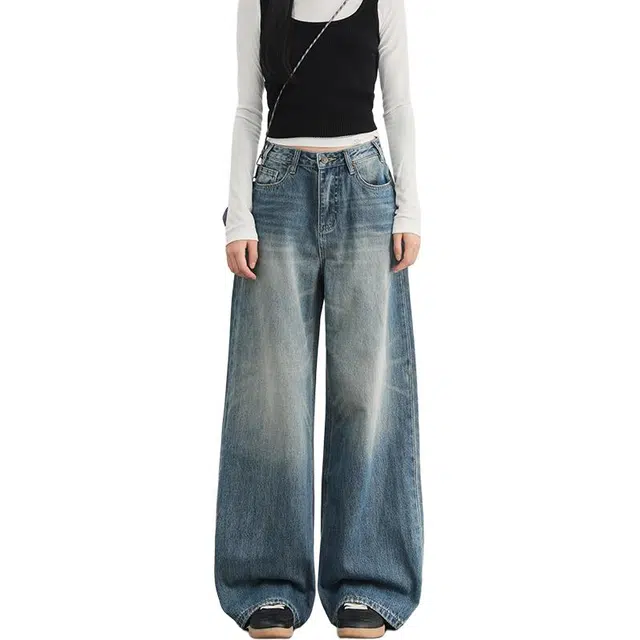 如续 复古水洗高腰宽松显瘦百搭休闲直筒裤拖地牛仔裤 女款