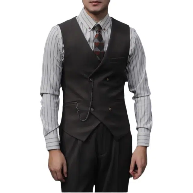 大格子与黑猫 复古英伦雅痞双排扣休闲修身结婚文艺怀旧欧美风新郎棕色西装马甲 男款