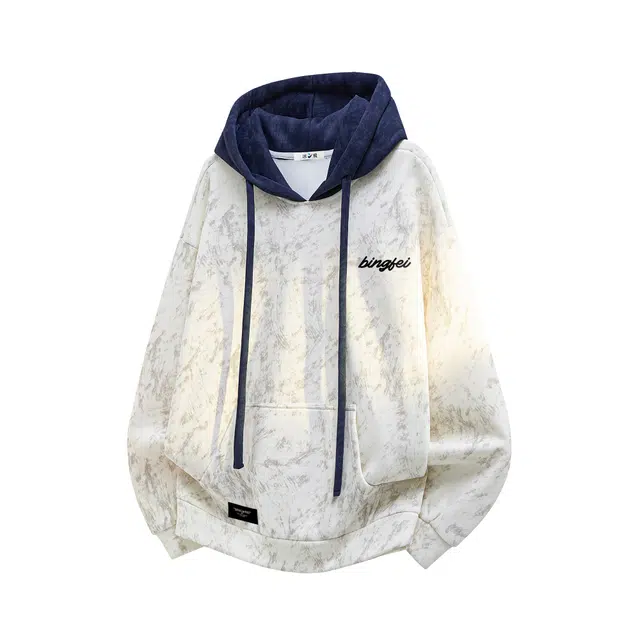 冰飞 美式高街撞色拼接宽松舒适字母大码套头上衣痞帅连帽外套潮流扎染学生党青少年无性别主义穿搭长袖卫衣 男女同款