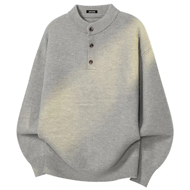 八哥 美式复古高街秋季经典舒适休闲百搭宽松设计感基础款亲肤柔软圆领套头纽扣软糯慵懒针织衫 男女同款