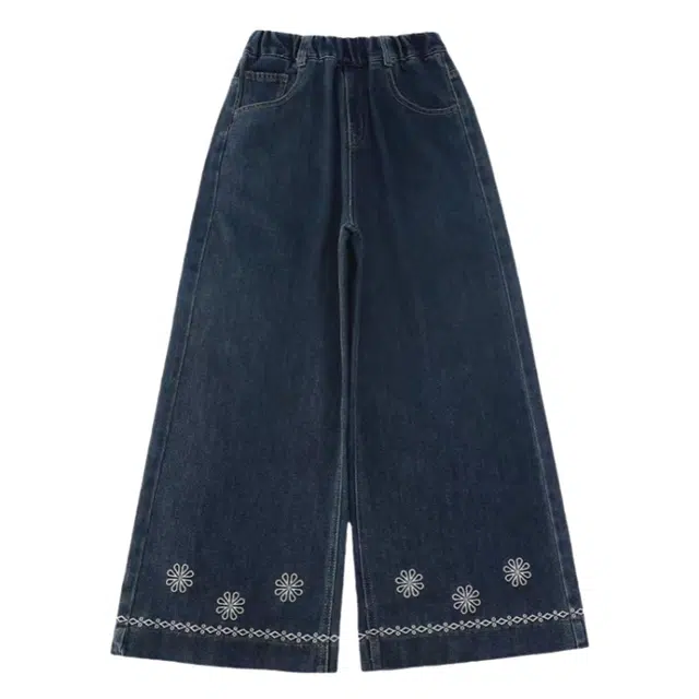 吉姆沃克牛仔裤 女童裤子儿童春秋款宽松外穿阔腿裤韩版优雅时尚刺绣设计显瘦舒适百搭休闲潮流