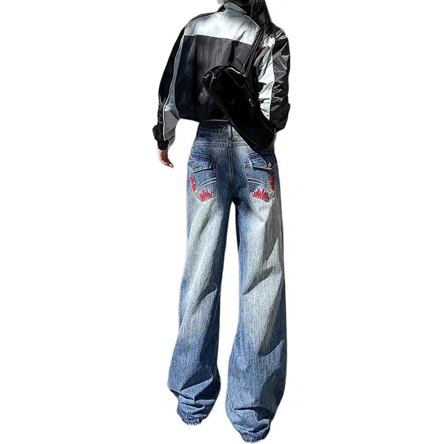 如续 秋冬烫钉烫钻重工水洗宽松显瘦阔腿垂感好潮流百搭设计感牛仔裤 女款