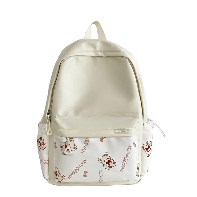 绿野客 可爱小熊百搭设计 学生适用简约风格 轻便便携  牛津布小初中生大容量 涤纶 双肩包 大号 白色