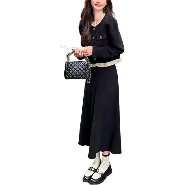 囍鱼少女 温柔系穿搭时尚小香风长裙女春秋显瘦气质两件套连衣裙子裙装套装 女款