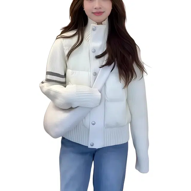 囍鱼少女 轻薄白色休闲外套夹棉女秋冬短款立领保暖针织棉服 女款
