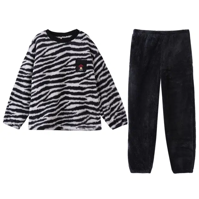 多拉美 珊瑚绒经典斑马纹女套装春秋简约可外穿慵懒长袖家居服睡衣 女款