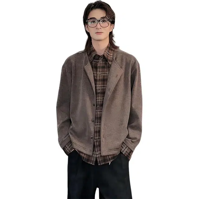 单爵 假两件拼接翻领长袖衬衫领上衣男秋季老钱风针织衫 男女同款