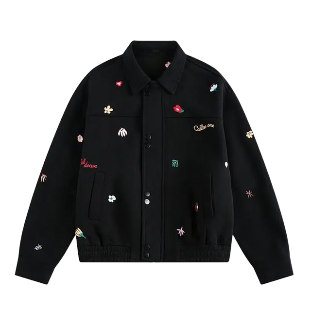 一碗士多 花卉字母刺绣撞色翻领小众个性设计高级感情侣显瘦日常通勤户外宽松舒适百搭慵懒感夹克 男女同款