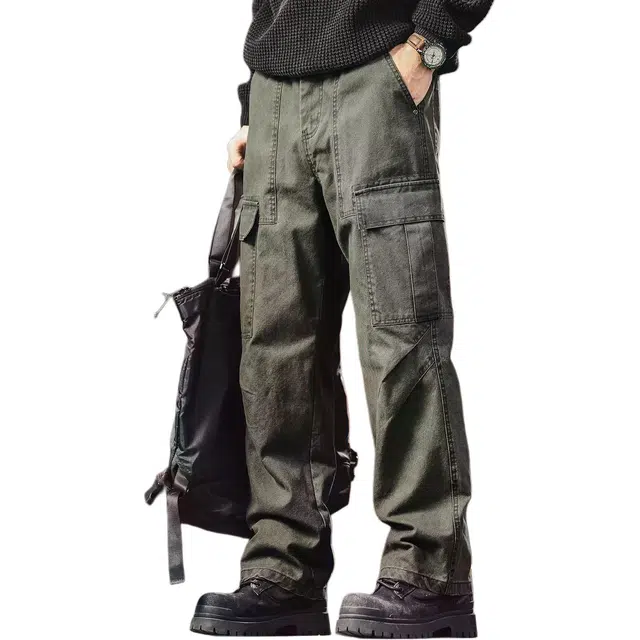 格蓝鹿 秋季 美式复古潮流百搭山系户外风水洗解构男士潮牌拼接口袋设计休闲宽松阔腿机能长裤工装裤 直筒 男女同款