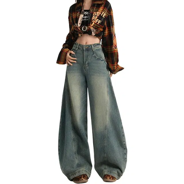 如续 复古水洗做旧弯刀裤宽松阔腿休闲牛仔裤 女款