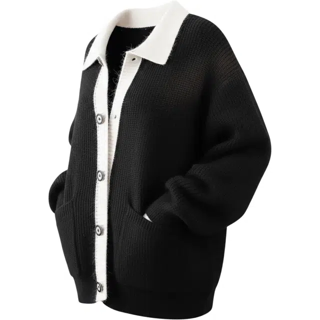 半空山 法式慵懒风撞色翻领高品质毛衣开衫潮牌宽松保暖打底衫秋冬时尚百搭老钱风高级感长袖外套针织衫 男女同款