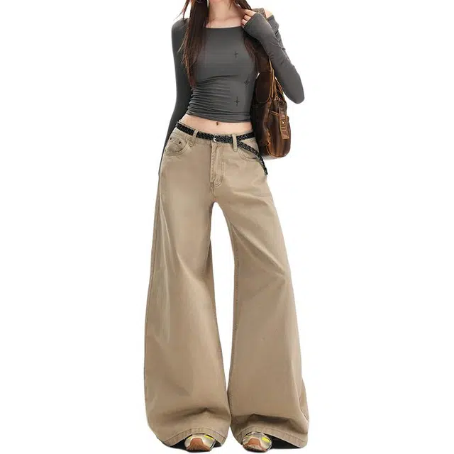 如续 洗褪棉料高腰显瘦宽松大阔腿百搭舒适休闲裤 女款