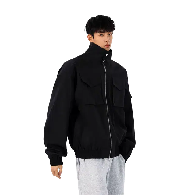 一碗士多 大口袋拉链纯色拼接美式复古高街时尚流行痞帅个性高级设计日常通勤宽松舒适百搭不挑人夹克 男女同款