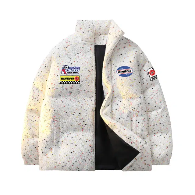 冰飞 学院风彩点点缀创意个性字母印花无性别主义户外运动休闲机车保暖波点面包棉衣外套宽松时尚立领拉链轻便棉服 男女同款