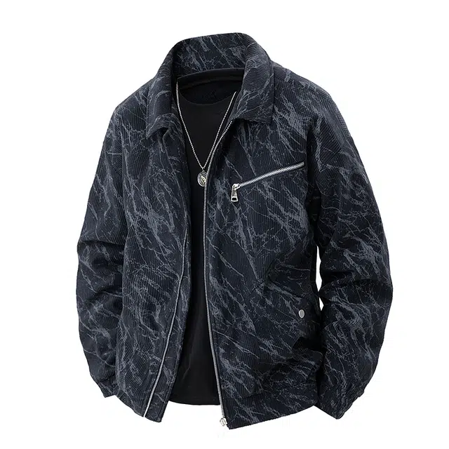 八哥 美式高街基础款经典复古纯色扎染时尚潮流舒适设计感宽松百搭日常通勤简约工装飞行员翻领拉链长袖外套夹克 男女同款