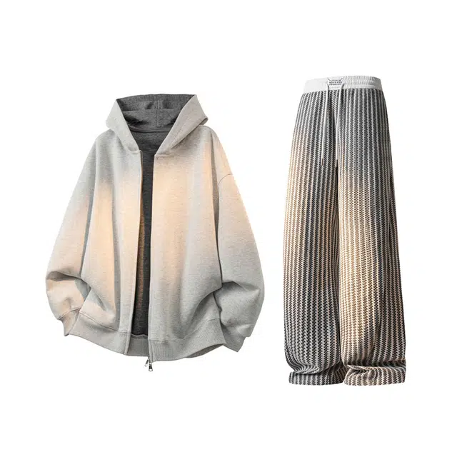 素杭 潮流宽松简约纯色连帽开衫外套卫衣搭配撞色诉讼建议直筒阔腿长裤两件套帅气穿搭一整套休闲运动套装 男女同款